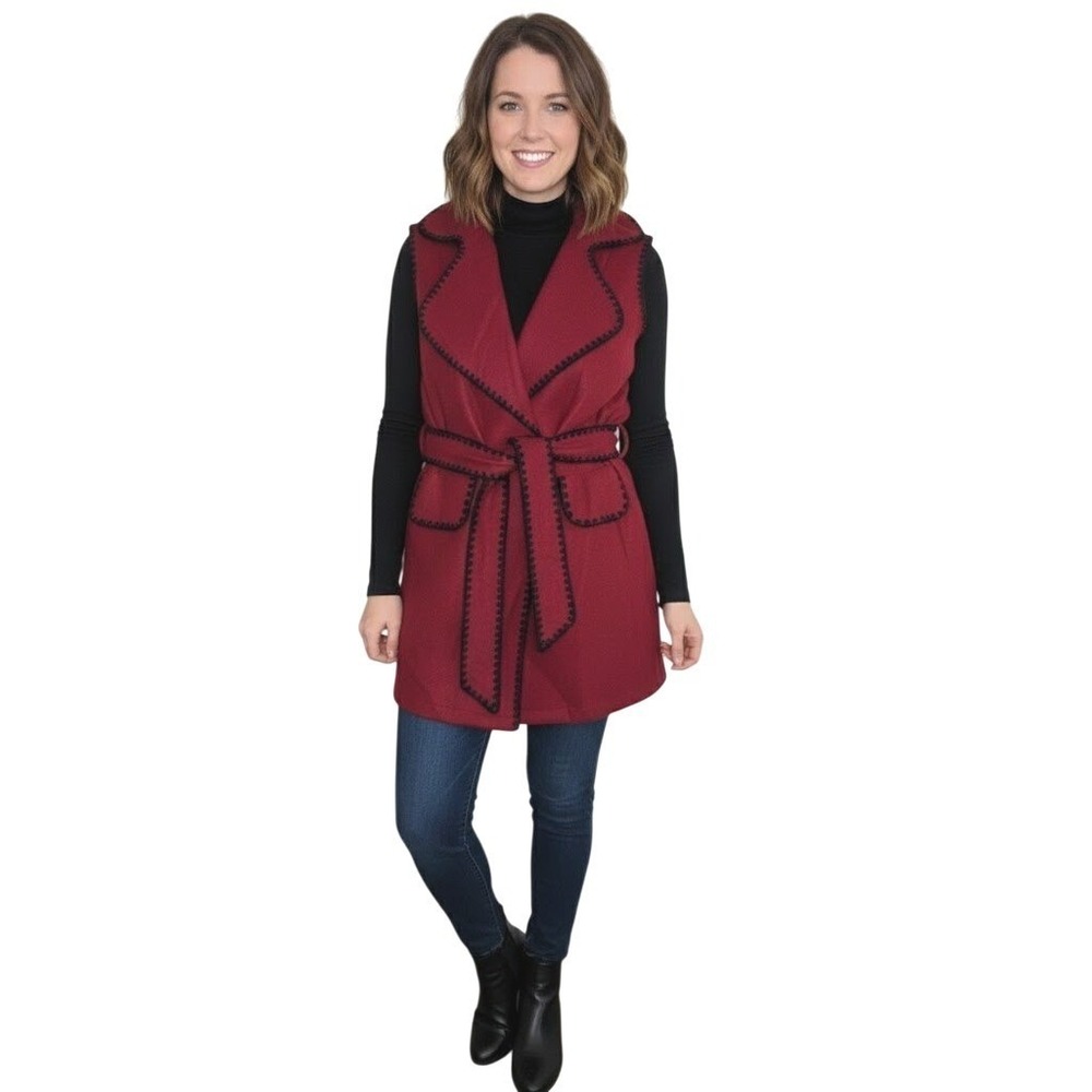 Pretty Garden Women XL Burgundy Red Belted Vest Blanket Stitch Trim NWT
